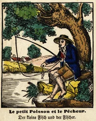 Fabeln von La Fontaine: Der kleine Fisch und der Fischer. Epinal-Bild, erste Hälfte des 19. Jahrhunderts