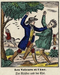 Fabeln von La Fontaine: Die Diebe und der Esel. Bild von Epinal, erste Hälfte des 19. Jahrhunderts