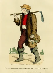 Bauerntracht aus dem 17. bis 18. Jahrhundert. Farbige Gravur nach einer Zeichnung von Chevignard, in „Frankreich und die Franzosen durch die Jahrhunderte“ von Augustin Challamel, F.Roy Herausgeber, Paris 1882. Selva Sammlung.