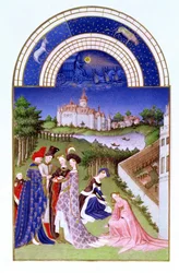 Faksimile von April: höfische Figuren im Schlossgelände von den Limbourg-Brüdern, aus den Tres Riches Heures du Duc de Berry