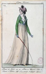 Weibliche Mode unter dem Direktorium: eine junge Pariser Elegante, gekleidet mit einer Reiherfeder auf einer Marmotte, einem Kragen eines Männerhemds und einem goldenen Schlüssel als Nadel. 1797 Paris, Kostümmuseum