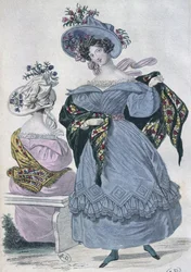Modeplatte, Paris, Illustration aus Le Petit Courrier des Dames, 1830 (Farbstich)