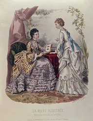 Modeplatte mit Damen in Kleidern von Mme Breant-Castel, die Fotoalben betrachten, 1872