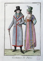 Mode unter dem Direktorium: ein elegantes Pariser Paar. Anonyme Lithografie von 1795. Paris, Kostümmuseum