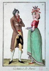 Mode unter dem Direktorium: ein elegantes Paar, die Frau trägt einen Hut im Gärtnerstil. Gravur von 1795. Paris, Kostümmuseum