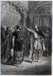 Feudalsystem: „Wer hat dich zum König gemacht?“ : Audebert (Adalbert), Graf von Périgord (968-995), antwortet König Hugues Capet (938-996) frech, der ihn fragte, wer ihn zum Grafen gemacht habe - Gravur aus „Histoire de France“ von Guizot