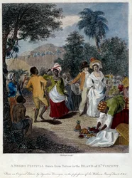 Schwarzes Fest auf der Insel Saint Vincent (Mittelamerika, Antillen). Gravur des 19. Jahrhunderts