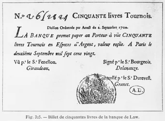 Fünfzig Pfund französischer Banknote der Law Bank, datiert 2. September 1720