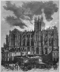 Brand der Kathedrale Saint-Étienne von Metz (Moselle, 57), 7. Mai 1877. Gravur in „Le Monde Illustré“ Nr. 1049 vom 19. Mai 1877