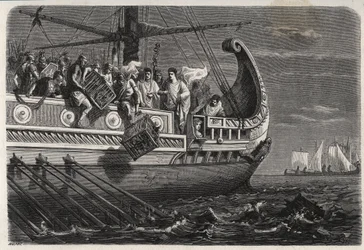 Erster Punischer Krieg - Publius Claudius Appius Pulcher (gestorben um 240 v. Chr.) vor der Schlacht von Drepanum (249 v. Chr.) wirft heilige Hühner ins Meer - Erster Punischer Krieg - Schlacht von Drepanum - Publius Claudius Appius Pulcher vor der Schlach