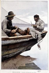 Fischer rudern Netze an Bord, um 1895