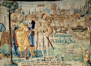 Gründung der Stadt Paris. König Franz I. (1494-1547) beschloss, seine ständige Hauptstadt in Paris zu errichten, als er 1527 aus der Gefangenschaft zurückkehrte. Wandteppich aus „Die fabelhafte Geschichte der Gallier“ hergestellt von der Werkstatt von Arra
