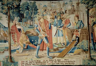 Gründung der Stadt Troyes. König Jasius wird von seinem Bruder Dardanus getötet, der mit dem Boot flieht und Troyes (in der Champagne) gründet, dargestellt im Hintergrund. Wandteppich aus „Die fabelhafte Geschichte der Gallier“, hergestellt von der Werksta