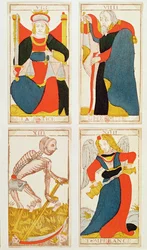 Vier Tarotkarten, die Gerechtigkeit, Mäßigkeit, Tod und Der Einsiedler darstellen (farbiger Holzstich)