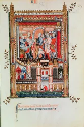 Sisinnius gibt St. Denis und seinen Gefährten Befehle, die vor ihn gebracht wurden, aus Vie de St. Denis, 1317