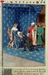 Fr 6465 f.434v Karl V. (1338-80) schlägt den Konvertiten Bertrand Duguesclin zum Ritter, Oktober 1390