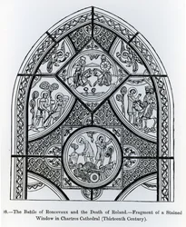 Fragment eines Buntglasfensters in der Kathedrale von Chartres, das die Schlacht von Roncevaux und den Tod von Roland darstellt, Illustration aus Wissenschaft und Literatur im Mittelalter und der Renaissance