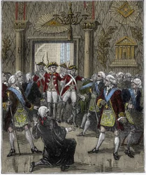 Freimaurerei im Hôtel de Soissons in Paris im Juni 1745: Eine Freimaurerzeremonie wird durch die Ankunft eines Polizeikommissars unterbrochen. In „Paris à travers les siècles“, Gourdon de Kenouillac, 1880.