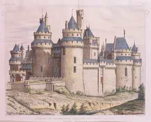 Frankreich, mittelalterliche Burg Pierrefonds, restauriert von Violet le Duc, aus Moniteur des Architectes, Gravur
