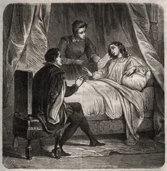 Francoise de Foix, Gräfin von Chateaubriant (ca. 1495-1537), krank, empfängt Clement des Marets genannt Marot (1496-1544), den Diener von Francois I., im Bett. Gravur von 1871 in „Histoire Des Cocuses Celebres“ von Henry de Kock