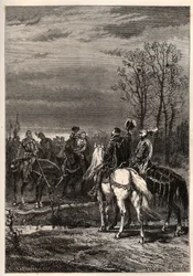 Französische Religionskriege - Oktober 1569 Religionskrieg - Die Gespräche vor der Schlacht von Moncontour (Henri, Herzog von Anjou, zukünftiger Heinrich III. und Gaspard II. von Coligny - Die Schlacht von Moncontour (Oktober 1569) - Gravur aus „Die Geschi