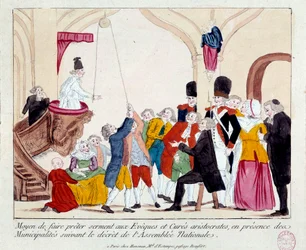 Französische Revolution: „Mittel, um aristokratische Bischöfe und Pfarrer in Gegenwart der Gemeindeverwaltungen gemäß dem Dekret der Nationalversammlung zur Eidesleistung zu bringen“. Ein Flaschenzug wird benutzt, um ihren Arm zu heben. Populärer Druck