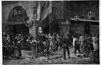 Französische Revolution: „Die Büste von Marat an der Säule der Halles“. Zu Ehren von Jean Paul Marat (1743-1793) wurde seine Büste nach seinem Tod in den Halles de Paris aufgestellt. Gravur nach einem Gemälde von Georges Jules Auguste Cain