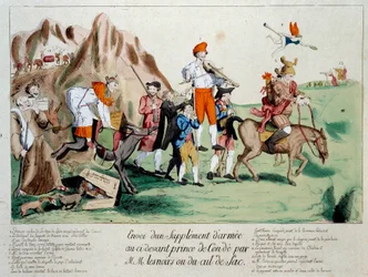 Französische Revolution: ein Verstärkungstrupp, bestehend aus Mitgliedern des verkrüppelten Klerus, wurde an die Armee von Prinz Louis V Joseph von Bourbon-Conde (1736-1818) geschickt, die nach der Emigration aufgrund der Revolution am Rheinufer stationier