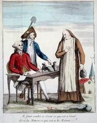 Französische Revolution: karikaturistische Darstellung eines Mitglieds des Klerus, das gezwungen wird, den Besitz der Kirche zurückzugeben. „Man muss dem Cäsar zurückgeben, was dem Cäsar gehört, und der Nation, was der Nation gehört.“ Stich von 1790.