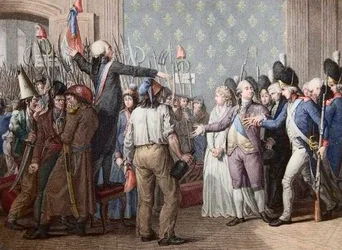 Französische Revolution: der Marsch auf die Tuilerien, 20. Juni 1792 - Französische Revolution - Angriff auf den Palais des Tuilerien, 20. Juni 1792 - Der Tag des 20. Juni 1792 im Schloss der Tuilerien. König Ludwig XVI. stellt sich dem Volk und trägt die 