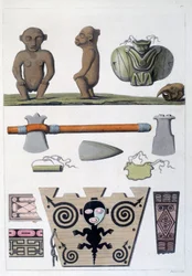 Französische Kolonien: Objekte der Arawak, die ersten Bewohner von Martinique in den Westindischen Inseln. Gravur des 19. Jahrhunderts