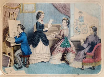 Französische Modeplatte, die künstlerische Aktivitäten darstellt, 1867