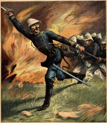 Französischer Offizier in Tonkin während einer Schlacht gegen die chinesische Armee; 1891. Gravur in La Terre Illustrée