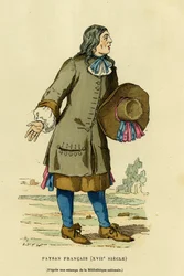 Französisches Bauernkostüm im 18. Jahrhundert. Farbgravur nach einem Druck der Nationalbibliothek, in „Frankreich und die Franzosen durch die Jahrhunderte“ von Augustin Challamel, F. Roy Herausgeber, Paris 1882. Sammlung Selva.