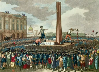 Französische Revolution: Hinrichtung König Ludwigs XVI. (1754-1793) durch die Guillotine, der Henker präsentiert seinen abgetrennten Kopf. Stich nach einer Zeichnung von Fious. 18. Jahrhundert. Paris, Musée Carnavalet