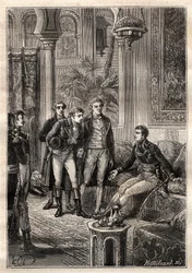 Friedrich Konrad Hornemann (1772-1801) traf Napoleon Bonaparte in Kairo 1797 in Anwesenheit von Gaspard Monge (1746-1818) und Claude Louis Berthollet (1748-1822) - Illustration aus „Die großen Seefahrer des 18. Jahrhunderts“