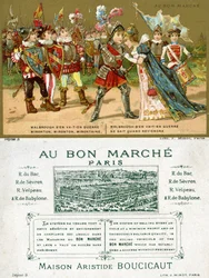 Vorder- und Rückseite einer Werbekarte für das Pariser Kaufhaus Au Bon Marché, die eines der beliebtesten Volkslieder in der französischen Sprache darstellt, Marlbrough sen va-t-en guerre (Marlborough)