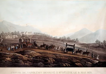 Trauerzug von Napoleon I. (1769-1821) nach St. Helena am 8.05.1821. Gravur um 1830. Île d