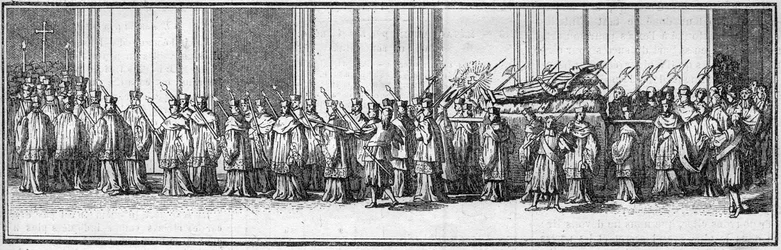 Begräbnis eines Papstes im 18. Jahrhundert: der Leichnam des Papstes wird zur Peterskirche in Rom getragen. Gravur in „Histoire des religions“