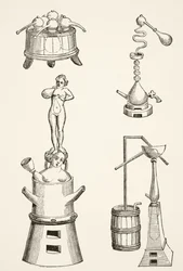 Ofen, Retorten, Destillierapparate, die von Chemikern und Alchemisten im 16. Jahrhundert verwendet wurden, aus Wissenschaft und Literatur im Mittelalter von Paul Lacroix (1806-84), veröffentlicht in London 1878