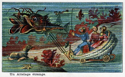Futuredays: Eine Vision des 19. Jahrhunderts vom Jahr 2000 - Serie „Im Jahr 2000“: Ein seltsamer Anhang (Panzer, der von Fischen unter Wasser gezogen wird). Chromolithographie von Villemard