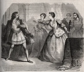 Gabrielle de Vergy streitet mit ihrem Verlobten, Eudes de Fayel, der eifersüchtig auf die Freundschaft ist, die sie mit ihrem Cousin Albert de Nozereau hat. Szene einer Legende aus dem 12. Jahrhundert. Gravur von 1871 in „Histoire Des Cocus Celebres“ von H