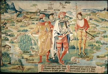 Galathes, 11. König der Gallier mit einer Karte von Gallien im Hintergrund, Detail aus einem Wandteppich zur Geschichte der Könige der Gallier, Arras-Werkstatt, ca. 1530
