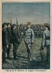 General Petain inspiziert das 42. Gebirgsjägerregiment, und was, wenn ich Ihnen die Ehrenlegion gebe, Rückseitenillustration aus Le Petit Journal, supplement illustre, 23. September 1917