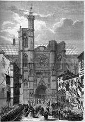 Gotische Architektur: Ansicht der Kathedrale Notre Dame de Clermont Ferrand (Clermond-Ferrand), Puy de Dome (63), während des Besuchs von Napoleon III. und der Kaiserin Eugenie de Montijo im Jahr 1862. Gravur in "Le Monde Illustré" Nr. 275 vom 19. Juli 186