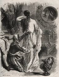 Griechische Mythologie: Der König von Lydien, Candaule, zeigt seinem Vertrauten Gyges seine nackte Frau, die sich im Schlafzimmer entkleidet. Gravur von 1871 in "Histoire Des Cocus Celebres" von Henry de Kock (1819-1892)