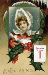 Neujahrskarte: „Frohes Neues Jahr“ (Mädchen mit Stechpalme) - Postkarte, frühes 20. Jahrhundert