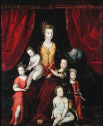 Gruppenporträt, möglicherweise einer Königin mit ihren sechs Kindern, spätes 16. oder frühes 17. Jahrhundert