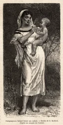 Guaranie-Frau raucht ihrem Kind die Zigarre, das auf ihrer Hüfte reitet, um seine Schreie zu beruhigen, Gravur nach der Zeichnung von D. Maillart, zur Illustration der Reise nach Paraguay 1872-1873, von L. Forgues, veröffentlicht in „Le tour du monde“ 1874