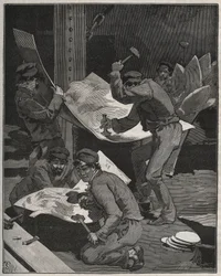 Hämmern und Zusammenbau von Teilen der Freiheitsstatue von Frédéric Auguste Bartholdi (1834-1905). Gravur von 1880 in 